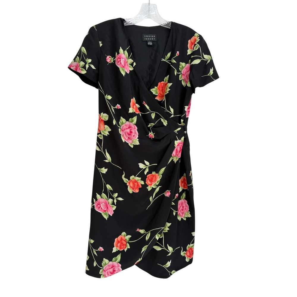 Spenser Jeremy Silk Floral Wrap Dress Black Pink Rose V-Neck Vintage Size 10